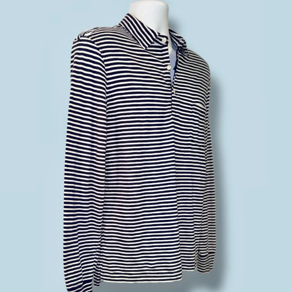 J.Crew Men’s Long Sleeve Slub Cotton Polo Shirt Navy White Striped – Size M